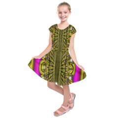 Fractal In Purple And Gold Kids  Short Sleeve Dress by Simbadda