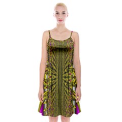 Fractal In Purple And Gold Spaghetti Strap Velvet Dress