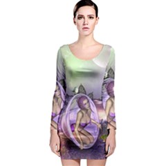 Wonderful Fairy In The Wonderland , Colorful Landscape Long Sleeve Bodycon Dress by FantasyWorld7