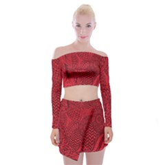 Deep Red Background Abstract Off Shoulder Top With Skirt Set