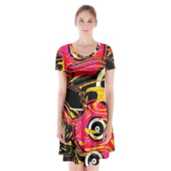 Abstract Clutter Pattern Baffled Field Short Sleeve V-neck Flare Dress