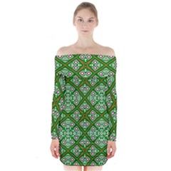 Digital Computer Graphic Seamless Geometric Ornament Long Sleeve Off Shoulder Dress by Simbadda