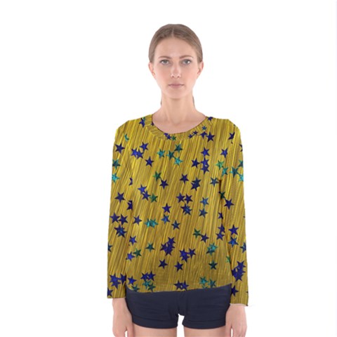 Abstract Gold Background With Blue Stars Women s Long Sleeve Tee by Simbadda