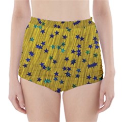 Abstract Gold Background With Blue Stars High-waisted Bikini Bottoms by Simbadda