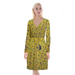 Abstract Gold Background With Blue Stars Long Sleeve Velvet Front Wrap Dress