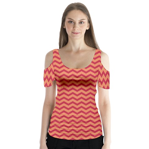 Chevron Wave Red Orange Butterfly Sleeve Cutout Tee  by Mariart