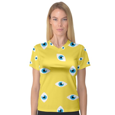 Eye Blue White Yellow Monster Sexy Image Women s V-neck Sport Mesh Tee by Mariart