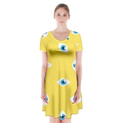 Eye Blue White Yellow Monster Sexy Image Short Sleeve V-neck Flare Dress by Mariart