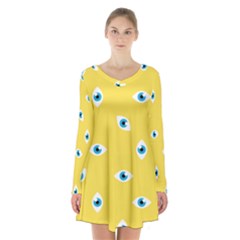 Eye Blue White Yellow Monster Sexy Image Long Sleeve Velvet V-neck Dress by Mariart