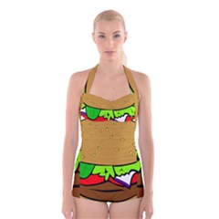 Fast Food Lunch Dinner Hamburger Cheese Vegetables Bread Boyleg Halter Swimsuit  by Mariart