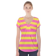 Horizontal Pink Yellow Line Short Sleeve Front Detail Top by Mariart