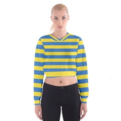 Horizontal Blue Yellow Line Women s Cropped Sweatshirt by Mariart