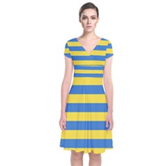 Horizontal Blue Yellow Line Short Sleeve Front Wrap Dress by Mariart