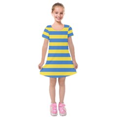 Horizontal Blue Yellow Line Kids  Short Sleeve Velvet Dress by Mariart