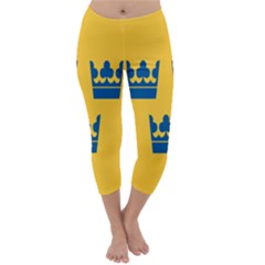 King Queen Crown Blue Yellow Capri Winter Leggings  by Mariart