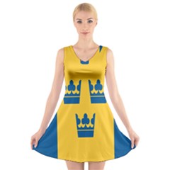 King Queen Crown Blue Yellow V-neck Sleeveless Skater Dress by Mariart