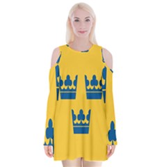 King Queen Crown Blue Yellow Velvet Long Sleeve Shoulder Cutout Dress by Mariart