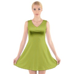 Polka Dot Green Yellow V-neck Sleeveless Skater Dress by Mariart