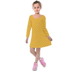 Polka Dot Orange Yellow Kids  Long Sleeve Velvet Dress by Mariart