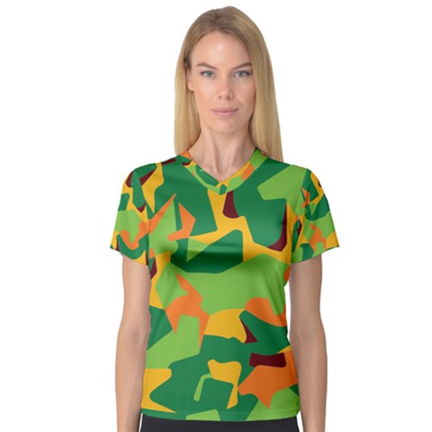 Initial Camouflage Green Orange Yellow Women s V-neck Sport Mesh Tee by Mariart