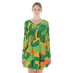 Initial Camouflage Green Orange Yellow Long Sleeve Velvet V-neck Dress by Mariart