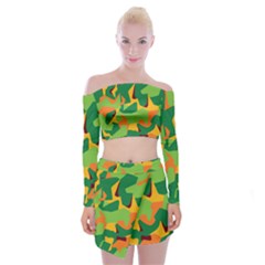 Initial Camouflage Green Orange Yellow Off Shoulder Top With Skirt Set