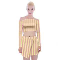 Pink Yellow Stripes Line Off Shoulder Top With Skirt Set