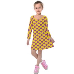 Polka Dot Purple Yellow Kids  Long Sleeve Velvet Dress by Mariart