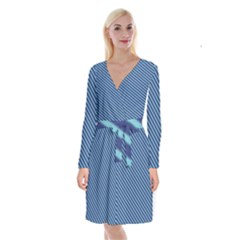 Striped  Line Blue Long Sleeve Velvet Front Wrap Dress