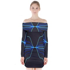 Sine Squared Line Blue Black Light Long Sleeve Off Shoulder Dress