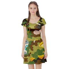 Urban Camo Green Brown Grey Pizza Strom Short Sleeve Skater Dress by Mariart