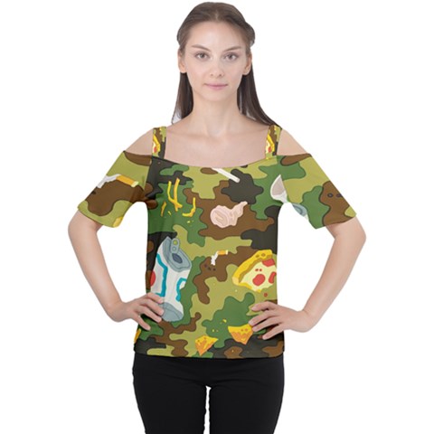 Urban Camo Green Brown Grey Pizza Strom Women s Cutout Shoulder Tee by Mariart