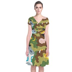 Urban Camo Green Brown Grey Pizza Strom Short Sleeve Front Wrap Dress by Mariart