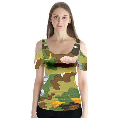 Urban Camo Green Brown Grey Pizza Strom Butterfly Sleeve Cutout Tee  by Mariart