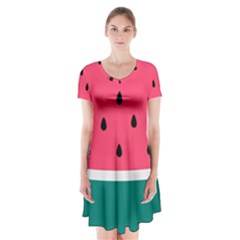 Watermelon Red Green White Black Fruit Short Sleeve V-neck Flare Dress by Mariart