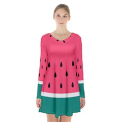 Watermelon Red Green White Black Fruit Long Sleeve Velvet V-neck Dress by Mariart