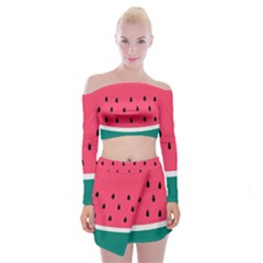 Watermelon Red Green White Black Fruit Off Shoulder Top With Skirt Set by Mariart