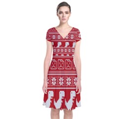 Red Dinosaur Star Wave Chevron Waves Line Fabric Animals Short Sleeve Front Wrap Dress by Mariart