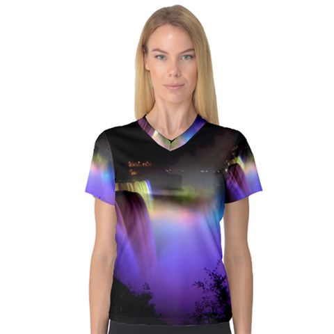 Niagara Falls Dancing Lights Colorful Lights Brighten Up The Night At Niagara Falls Women s V-neck Sport Mesh Tee by Simbadda