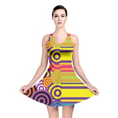 Retro Circles And Stripes Colorful 60s And 70s Style Circles And Stripes Background Reversible Skater Dress by Simbadda