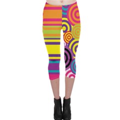 Retro Circles And Stripes Colorful 60s And 70s Style Circles And Stripes Background Capri Leggings  by Simbadda