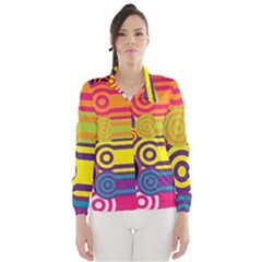 Retro Circles And Stripes Colorful 60s And 70s Style Circles And Stripes Background Wind Breaker (women) by Simbadda