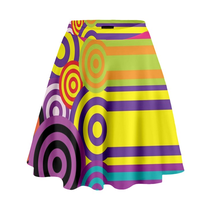 Retro Circles And Stripes Colorful 60s And 70s Style Circles And Stripes Background High Waist Skirt