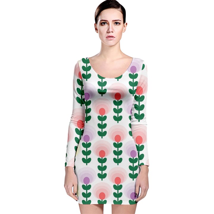 Floral Wallpaer Pattern Bright Bright Colorful Flowers Pattern Wallpaper Background Long Sleeve Velvet Bodycon Dress