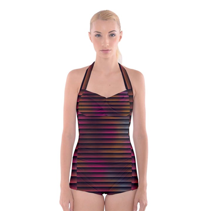 Colorful Venetian Blinds Effect Boyleg Halter Swimsuit 