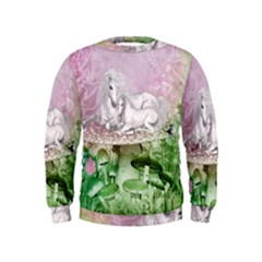 Wonderful Unicorn With Foal On A Mushroom Kids  Sweatshirt by FantasyWorld7