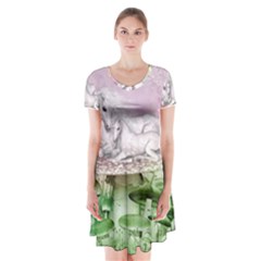 Wonderful Unicorn With Foal On A Mushroom Short Sleeve V-neck Flare Dress by FantasyWorld7