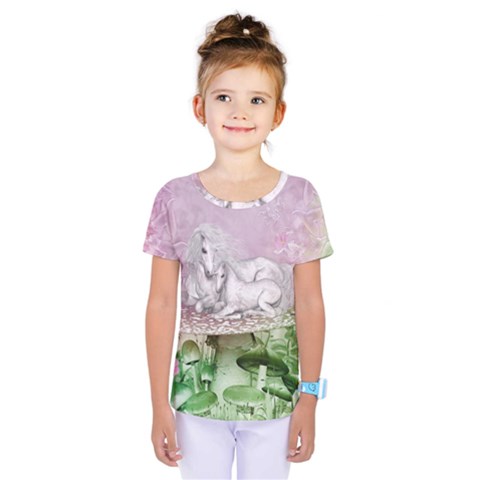 Wonderful Unicorn With Foal On A Mushroom Kids  One Piece Tee by FantasyWorld7