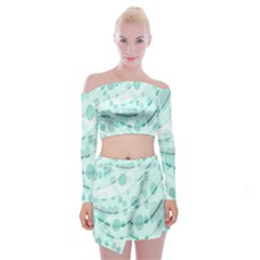 Abstract Background Teal Bubbles Abstract Background Of Waves Curves And Bubbles In Teal Green Off Shoulder Top With Skirt Set by Simbadda