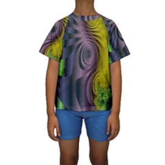 Fractal In Purple Gold And Green Kids  Short Sleeve Swimwear by Simbadda